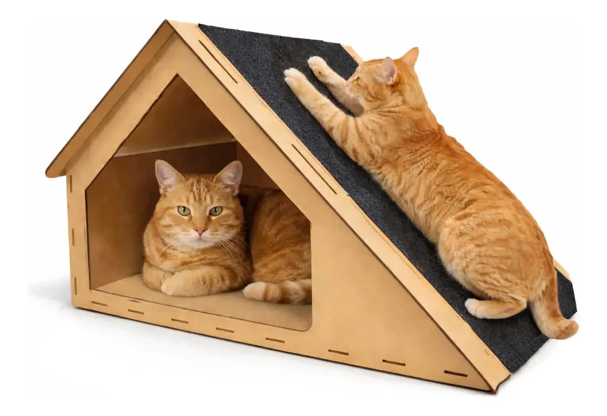 Casinha Toca Gato Com Arranhador Madeira MDF e Carpete 30x47x36cm