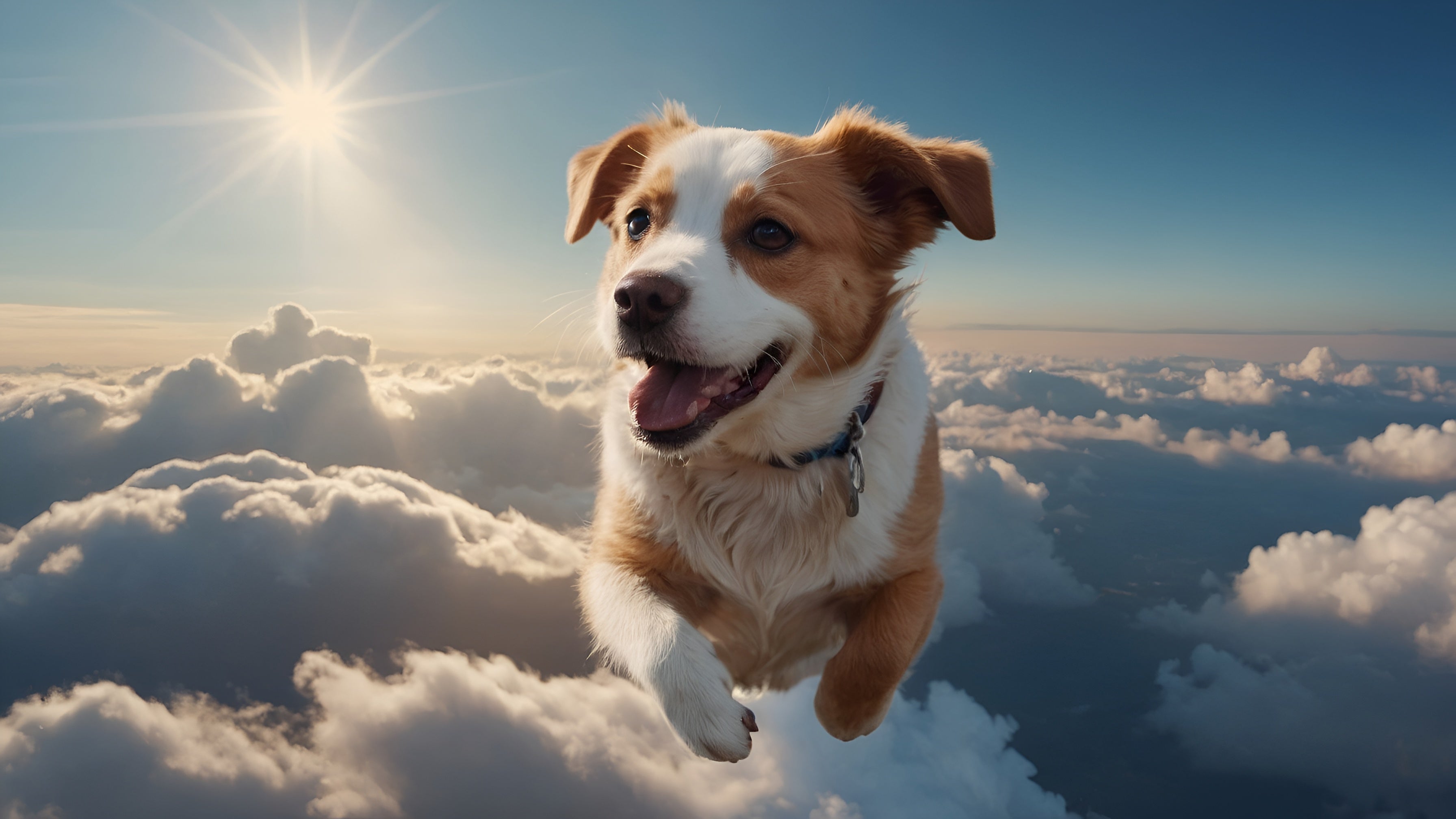 Cachorro feliz voando entre nuvens com sol · NuvemPet imersivo